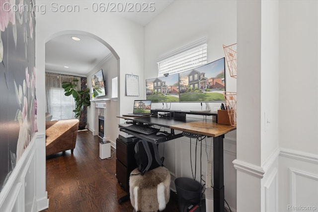 1920 Rowland Ave, Royal Oak, MI 48067 - office space with arched walkways, dark wood-style flooring, and a warm lit fireplace