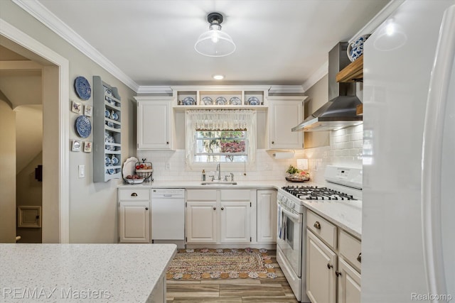 1972 Theodore St, Trenton, MI 48183 - kitchen featuring white appliances, wall chimney exhaust hood, ornamental molding, open shelves, and backsplash