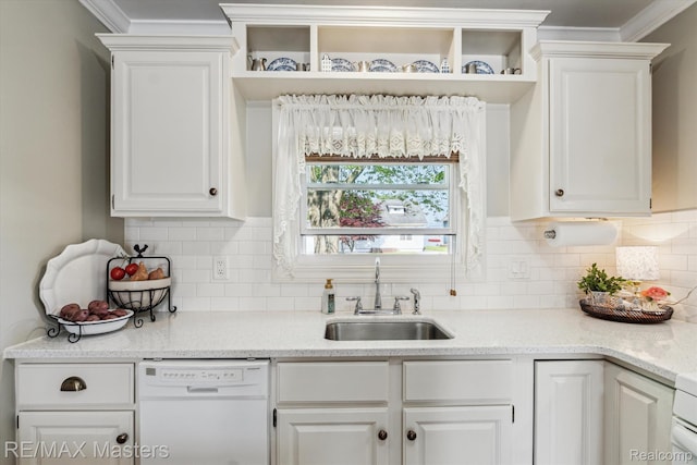 1972 Theodore St, Trenton, MI 48183 - kitchen with white dishwasher, open shelves, white cabinetry, tasteful backsplash, and ornamental molding
