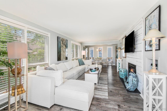 11501 Torrey Rd, Fenton, MI 48430 - living room featuring dark wood finished floors and a glass covered fireplace