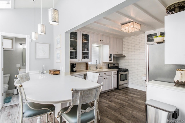 11501 Torrey Rd, Fenton, MI 48430 - kitchen with stainless steel appliances, a peninsula, dark wood-style flooring, light countertops, and glass insert cabinets