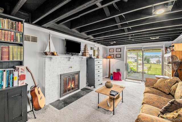 11501 Torrey Rd, Fenton, MI 48430 - carpeted living area featuring a brick fireplace