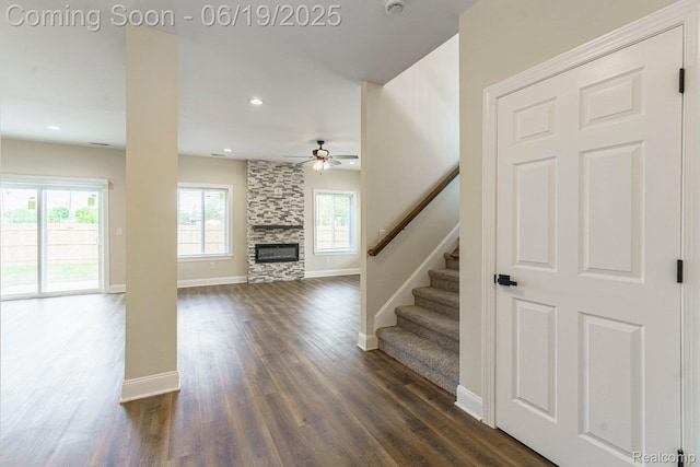 23013 Helen, Southfield, MI 48033 - unfurnished living room with a fireplace, ceiling fan, dark wood finished floors, healthy amount of natural light, and recessed lighting