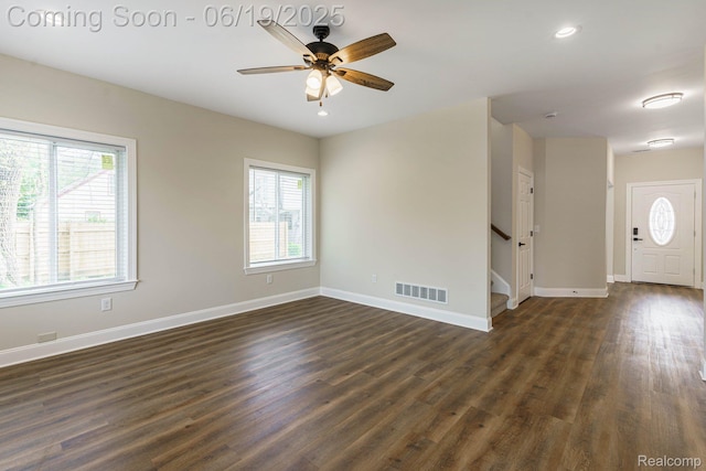 23013 Helen, Southfield, MI 48033 - unfurnished room featuring dark wood finished floors, stairway, ceiling fan, and recessed lighting