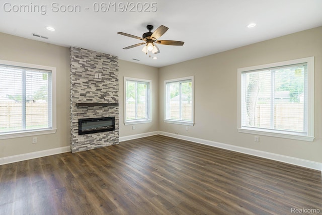 23013 Helen, Southfield, MI 48033 - unfurnished living room with dark wood-type flooring, a ceiling fan, a fireplace, and recessed lighting