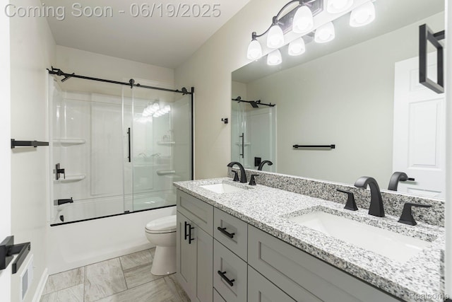 23013 Helen, Southfield, MI 48033 - full bathroom featuring double vanity, enclosed tub / shower combo, and marble look tiles