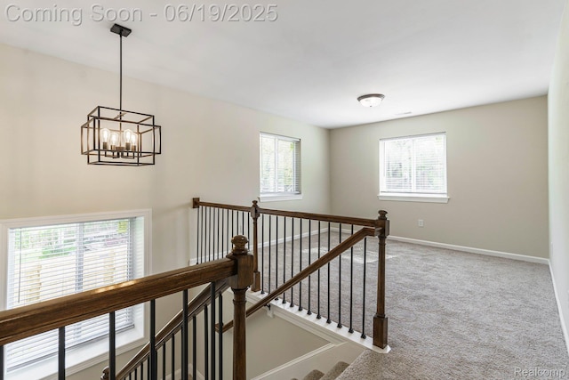 23013 Helen, Southfield, MI 48033 - corridor featuring an upstairs landing, carpet, and a chandelier