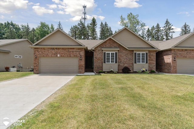 3113 Harbor Pointe Cir, Fenton, MI 48430 - ranch-style house featuring an attached garage, brick siding, driveway, a front yard, and a shingled roof