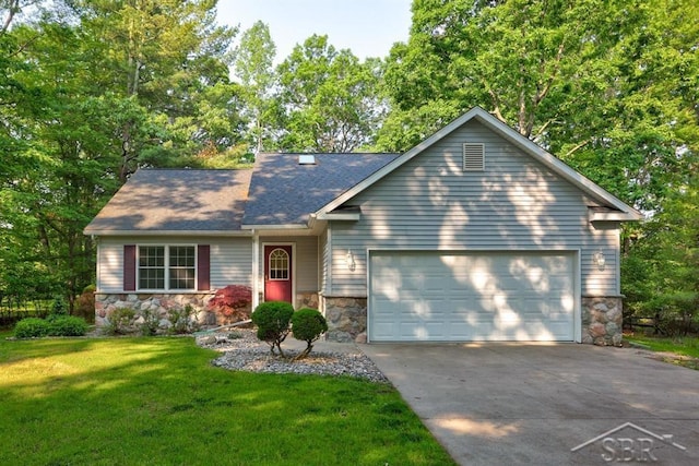878 S Crooked Tree Ln, Midland, MI 48640 - view of front of property with stone siding, a garage, driveway, and a front yard