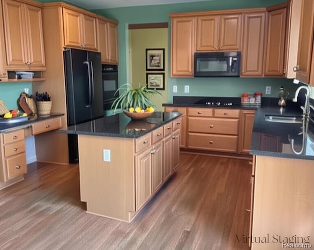 49941 Baychester Blvd, Canton, MI 48187 - kitchen with black appliances, dark wood-style flooring, a kitchen island, and dark stone countertops