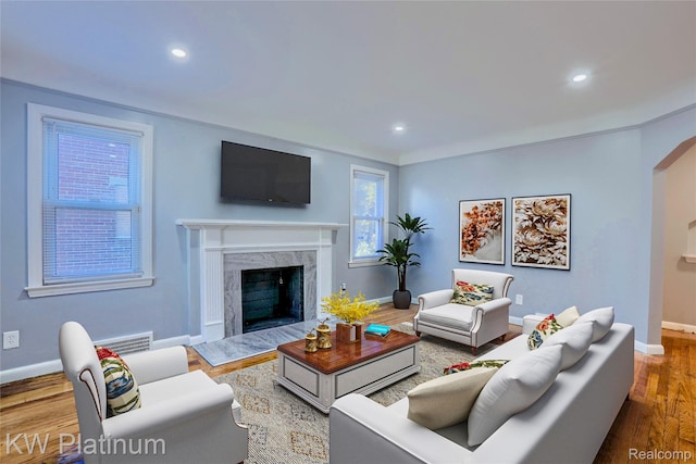 16054 Carlisle St, Detroit, MI 48205 - living area featuring a premium fireplace, recessed lighting, wood finished floors, and arched walkways