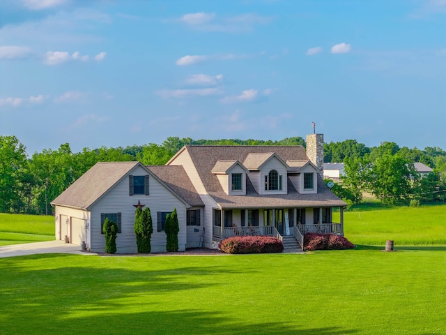 6360 Ray Rd, Swartz Creek, MI 48473 - cape cod-style house featuring covered porch, driveway, a chimney, a front lawn, and an attached garage