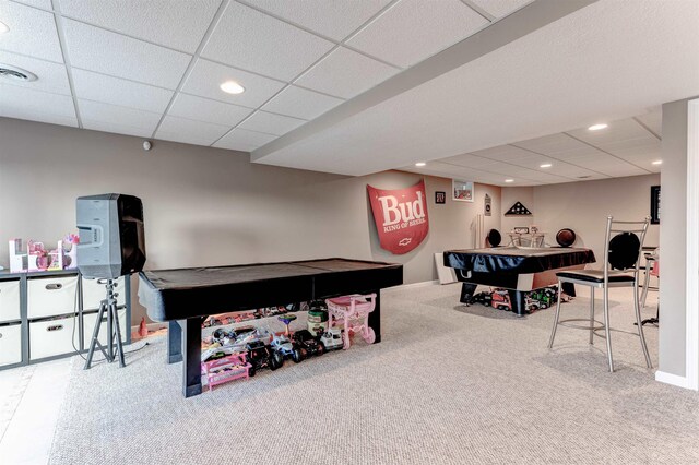 6360 Ray Rd, Swartz Creek, MI 48473 - playroom with billiards table, carpet flooring, recessed lighting, and a drop ceiling