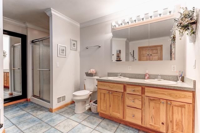 6360 Ray Rd, Swartz Creek, MI 48473 - bathroom featuring double vanity, a stall shower, and crown molding