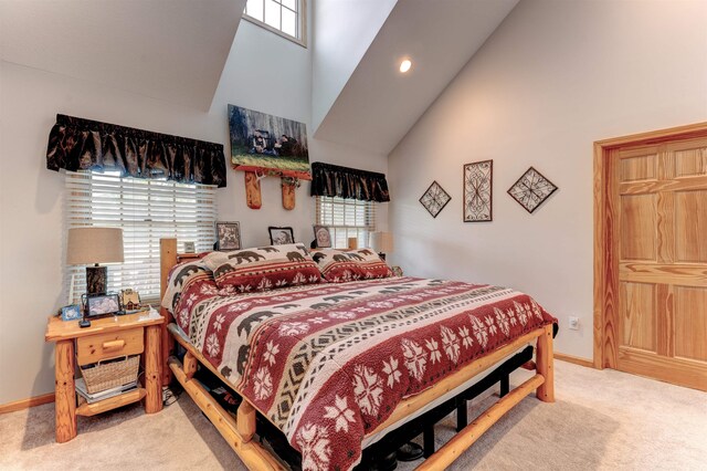 6360 Ray Rd, Swartz Creek, MI 48473 - bedroom featuring high vaulted ceiling, carpet, multiple windows, and recessed lighting