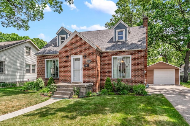 2646 Forest Grove Ave SW, Wyoming, MI 49519 - view of front of home with brick siding, a chimney, a garage, a shingled roof, and an outdoor structure