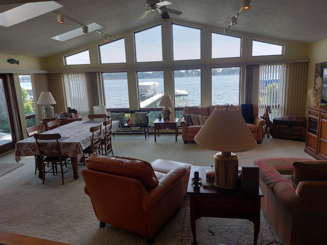 23675 N Shore Dr, Edwardsburg, MI 49112 - living room featuring vaulted ceiling, track lighting, light colored carpet, healthy amount of natural light, and a textured ceiling