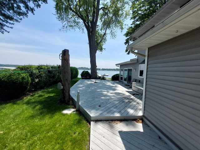 23675 N Shore Dr, Edwardsburg, MI 49112 - wooden deck with a water view, a yard, and french doors