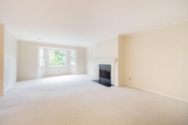 8597 Mathias Dr Unit 42, Grosse Ile, MI 48138 - unfurnished living room featuring ornamental molding, a fireplace with flush hearth, and carpet