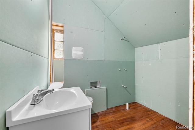 17304 Barlow St, Detroit, MI 48205 - bathroom featuring wood finished floors, lofted ceiling, and vanity