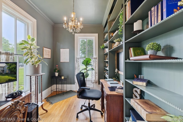 6501 River Rd, Flushing, MI 48433 - office space with a chandelier, wood finished floors, and ornamental molding