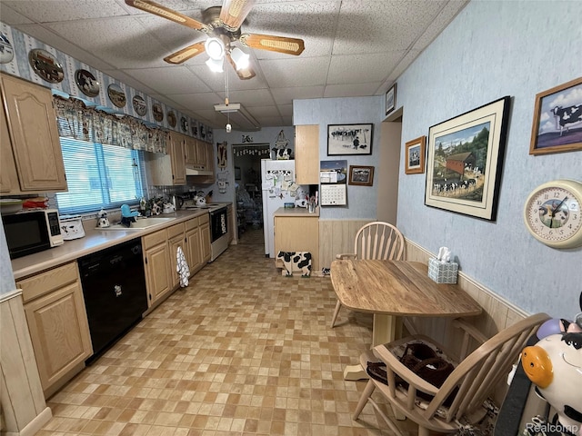 400 W Hudson Ave, Madison Heights, MI 48071 - kitchen featuring black appliances, a paneled ceiling, light countertops, ceiling fan, and light brown cabinets