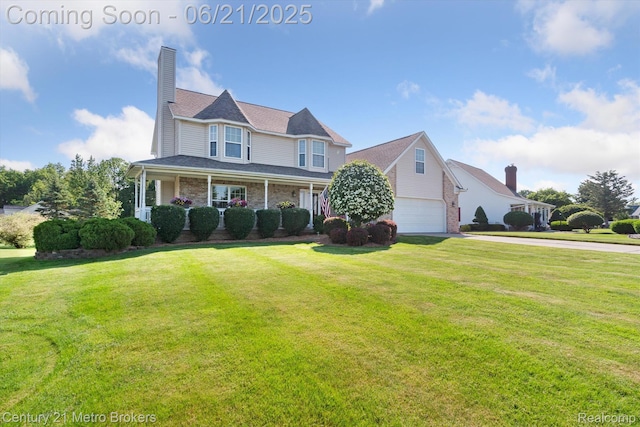 9145 Woodridge Dr, Davison, MI 48423 - victorian house with a garage, a front yard, a chimney, and concrete driveway