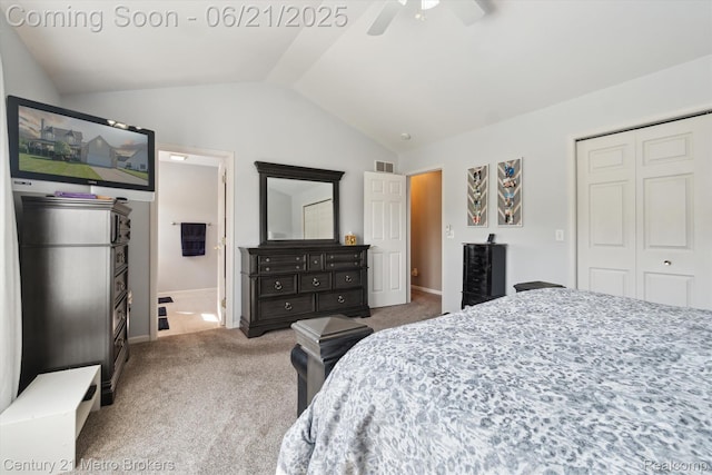 9145 Woodridge Dr, Davison, MI 48423 - carpeted bedroom featuring vaulted ceiling, a closet, ceiling fan, and connected bathroom