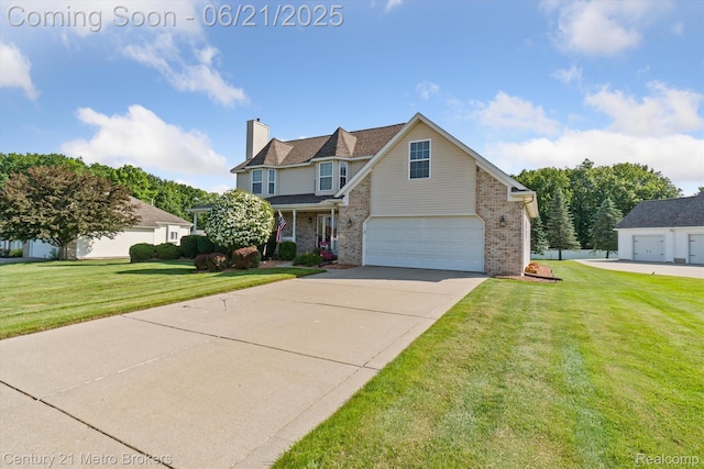 9145 Woodridge Dr, Davison, MI 48423 - view of front of home with brick siding, a chimney, an attached garage, concrete driveway, and a front yard