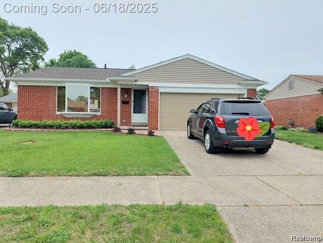 679 Judith St, Westland, MI 48186 - ranch-style home with brick siding, concrete driveway, a garage, and a front yard