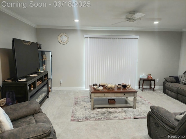 679 Judith St, Westland, MI 48186 - living area with carpet floors, a ceiling fan, ornamental molding, and recessed lighting