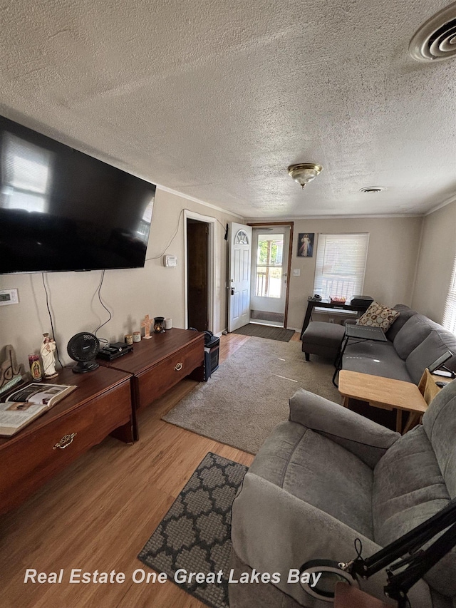 1521 Stanley St, Saginaw, MI 48602 - living room featuring wood finished floors, a textured ceiling, and crown molding
