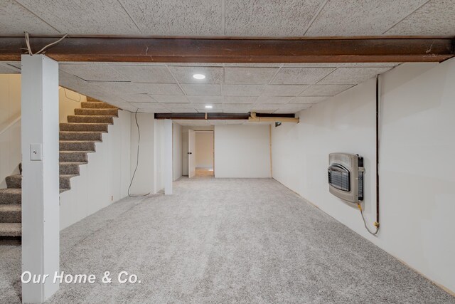 838 S Grey Rd, Midland, MI 48640 - finished basement featuring heating unit, stairway, carpet, a drop ceiling, and recessed lighting
