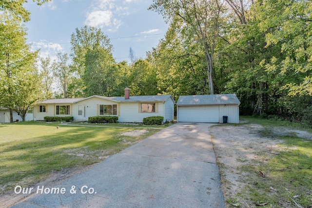 838 S Grey Rd, Midland, MI 48640 - ranch-style house with an outdoor structure, a front lawn, a chimney, and a garage