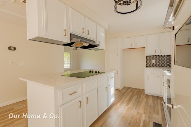 838 S Grey Rd, Midland, MI 48640 - kitchen featuring under cabinet range hood, light wood-style floors, black electric stovetop, tasteful backsplash, and white cabinetry