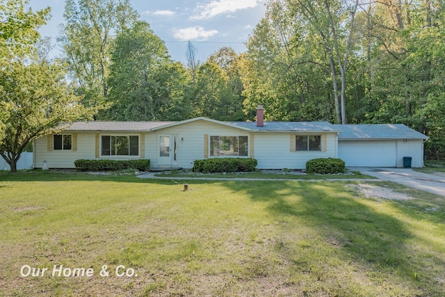 838 S Grey Rd, Midland, MI 48640 - ranch-style home featuring a chimney, a front yard, and concrete driveway