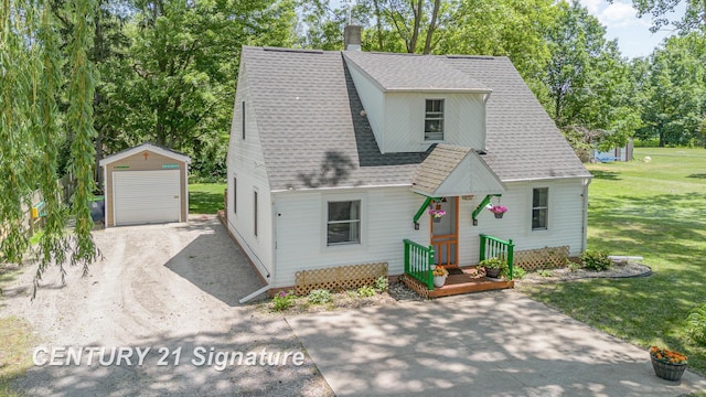 5430 N Center Rd, Saginaw, MI 48604 - view of front facade featuring an outdoor structure, a front lawn, a shingled roof, and view of wooded area