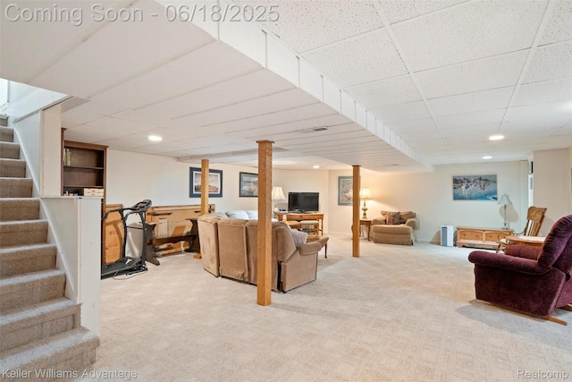 37862 Parkhurst St, Livonia, MI 48154 - living room featuring stairway, carpet, and a paneled ceiling