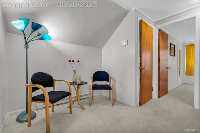 2734 Vassar St, Dearborn, MI 48124 - living area with carpet, a baseboard heating unit, and lofted ceiling