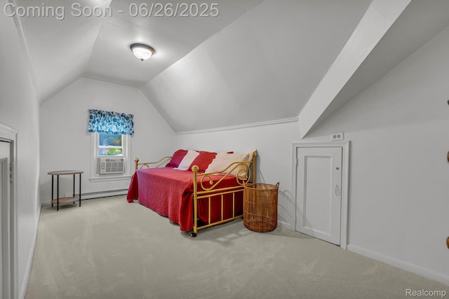 2734 Vassar St, Dearborn, MI 48124 - carpeted bedroom with vaulted ceiling, cooling unit, and a baseboard heating unit