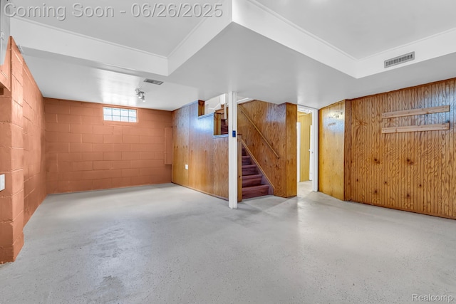 2734 Vassar St, Dearborn, MI 48124 - basement featuring stairs, concrete block wall, and wood walls