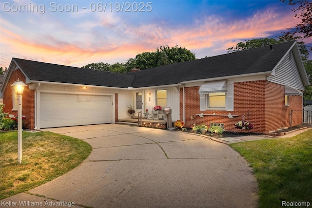 14000 Ellen Dr, Livonia, MI 48154 - view of front of property featuring brick siding, concrete driveway, a garage, and a yard