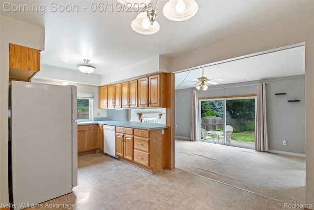 14000 Ellen Dr, Livonia, MI 48154 - kitchen featuring white appliances, light colored carpet, and a ceiling fan