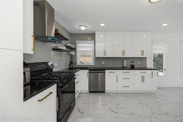52615 Seven Oaks Dr, Shelby Twp, MI 48316 - kitchen with black range with gas cooktop, stainless steel dishwasher, wall chimney range hood, modern cabinets, and open shelves