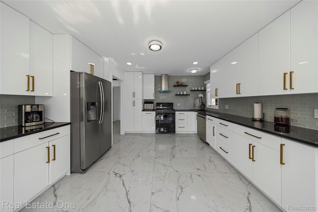 52615 Seven Oaks Dr, Shelby Twp, MI 48316 - kitchen with stainless steel appliances, wall chimney exhaust hood, dark countertops, open shelves, and modern cabinets