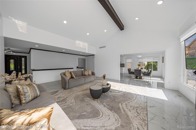 52615 Seven Oaks Dr, Shelby Twp, MI 48316 - living room with marble tiled floors, beam ceiling, high vaulted ceiling, recessed lighting, and healthy amount of natural light