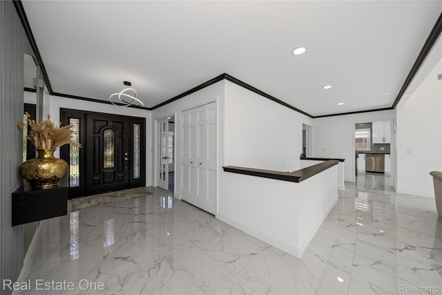 52615 Seven Oaks Dr, Shelby Twp, MI 48316 - entryway with ornamental molding, marble tiled floors, and recessed lighting