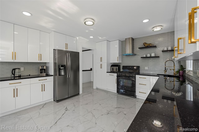 52615 Seven Oaks Dr, Shelby Twp, MI 48316 - kitchen with stainless steel refrigerator with ice dispenser, black range with gas stovetop, wall chimney range hood, decorative backsplash, and open shelves