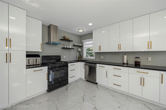 52615 Seven Oaks Dr, Shelby Twp, MI 48316 - kitchen featuring dishwasher, black range with gas cooktop, wall chimney exhaust hood, modern cabinets, and open shelves