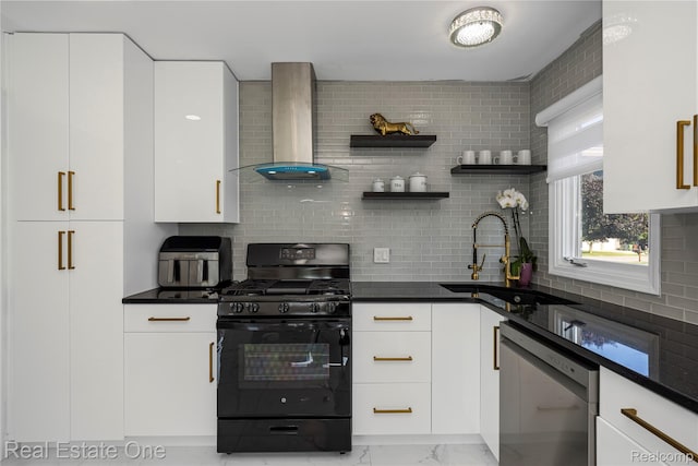 52615 Seven Oaks Dr, Shelby Twp, MI 48316 - kitchen featuring dishwasher, black gas range, wall chimney range hood, light marble finish floors, and dark countertops